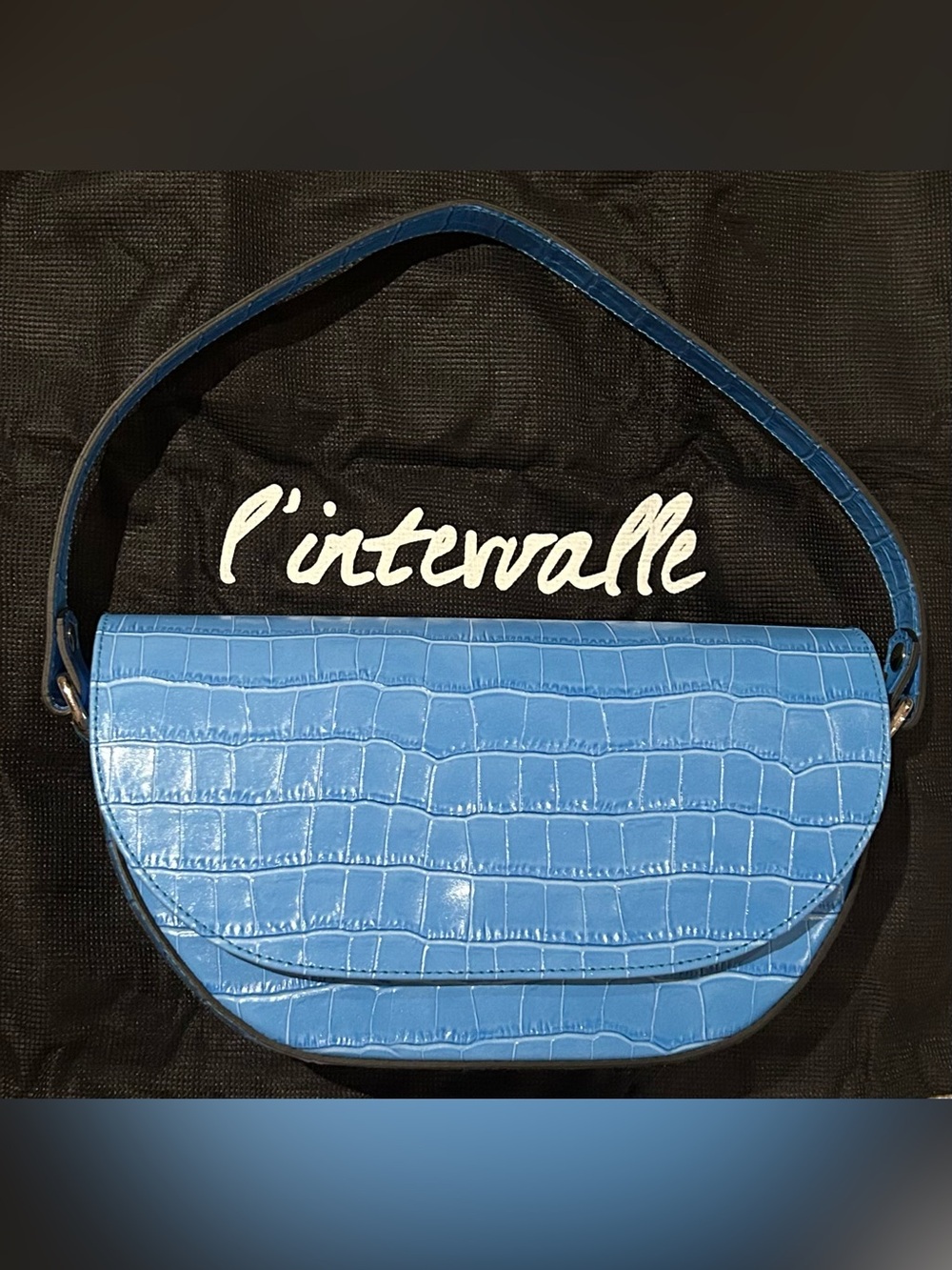 NWT L'INTERVALLE NORMA Patent Leather Light Blue Croc-Embossed Half-Moon Handbag